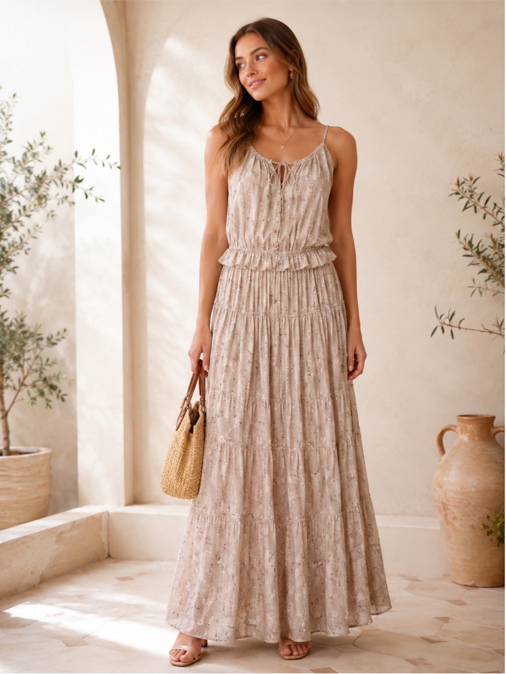 AMIRI Beige Blush Floral Tie-Front Maxi Cotton Silk Dress